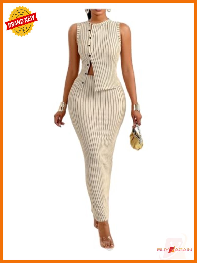 2 Piece Business Casual Outfit Striped Button Up Vest & Bodycon Maxi Skirt Set